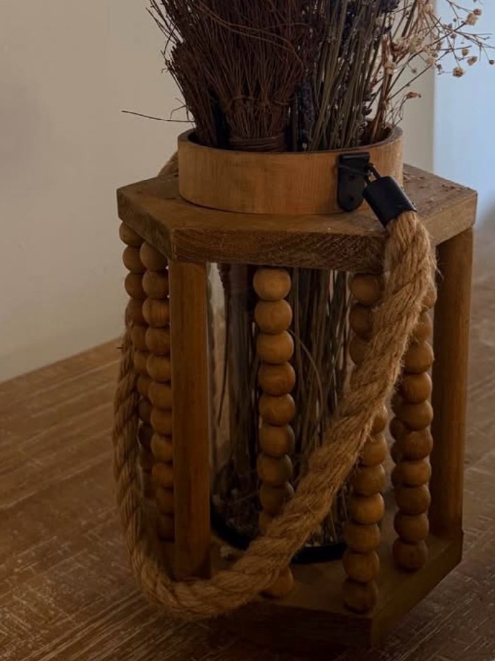 Wooden Beaded Lantern with Rope Handle - Brown